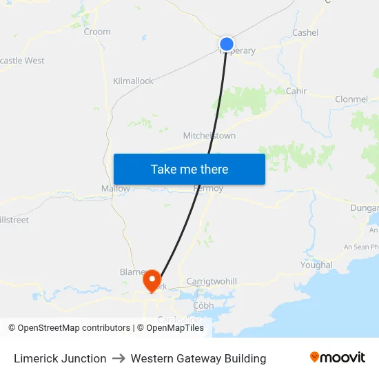 Limerick Junction to Western Gateway Building map