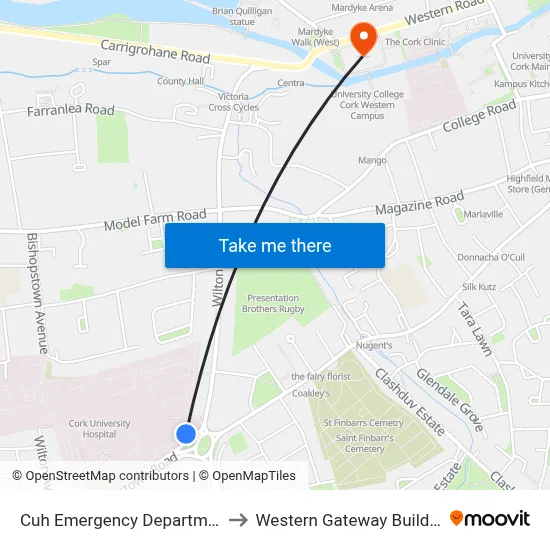 Cuh Emergency Department to Western Gateway Building map