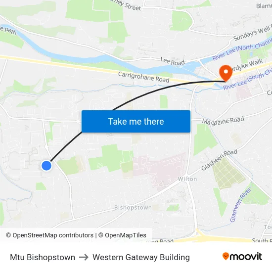 Mtu Bishopstown to Western Gateway Building map