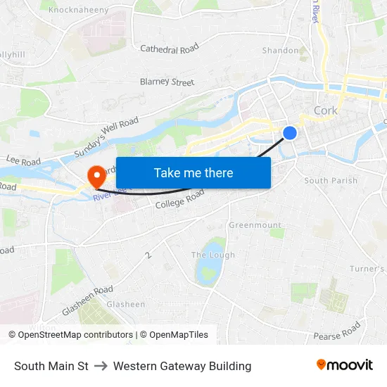 South Main St to Western Gateway Building map