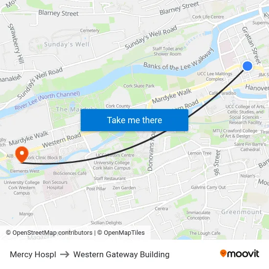 Mercy Hospl to Western Gateway Building map