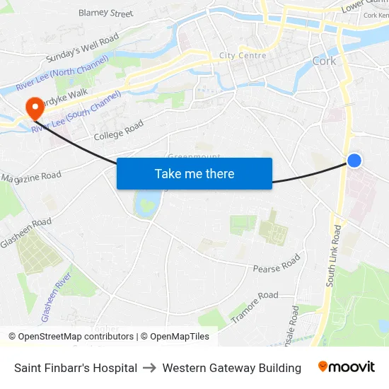 Saint Finbarr's Hospital to Western Gateway Building map