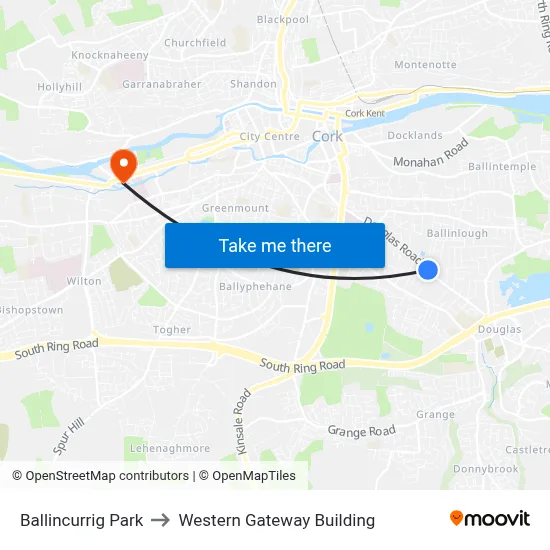 Ballincurrig Park to Western Gateway Building map