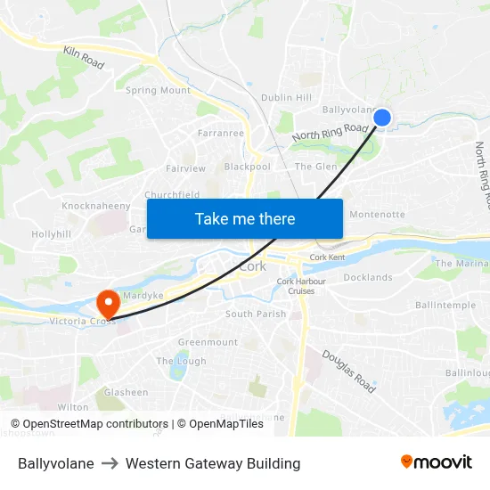 Ballyvolane to Western Gateway Building map