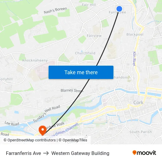 Farranferris Ave to Western Gateway Building map