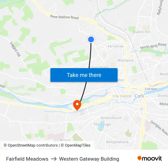 Fairfield Meadows to Western Gateway Building map