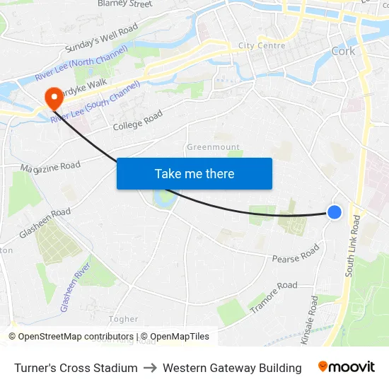 Turner's Cross Stadium to Western Gateway Building map