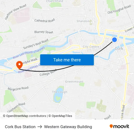 Cork Bus Station to Western Gateway Building map