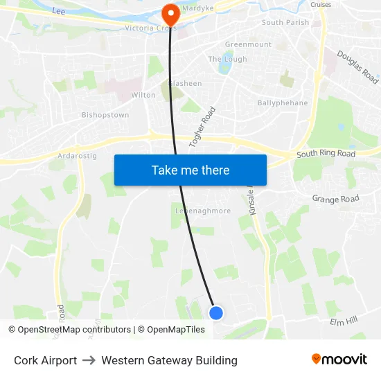 Cork Airport to Western Gateway Building map