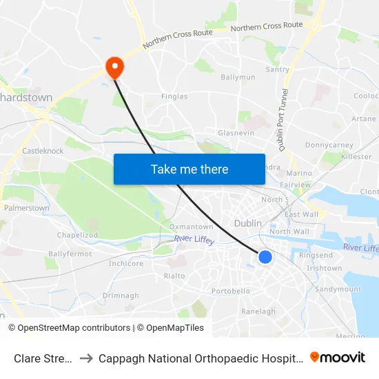 Clare Street to Cappagh National Orthopaedic Hospital map