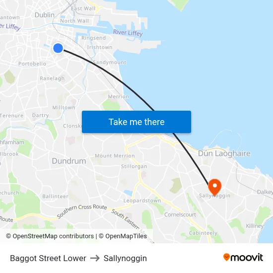 Baggot Street Lower to Sallynoggin map
