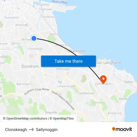 Clonskeagh to Sallynoggin map