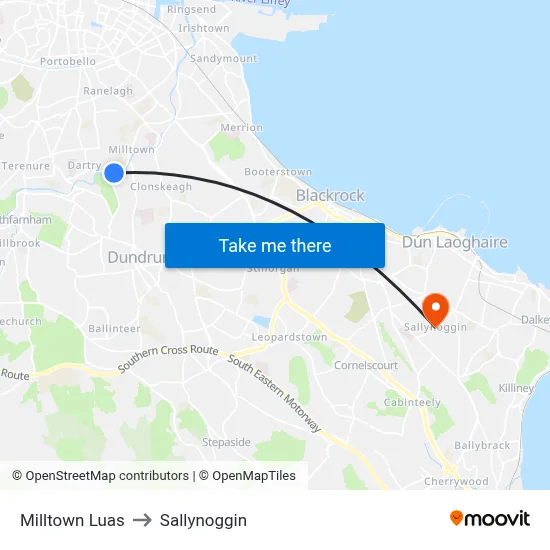 Milltown Luas to Sallynoggin map