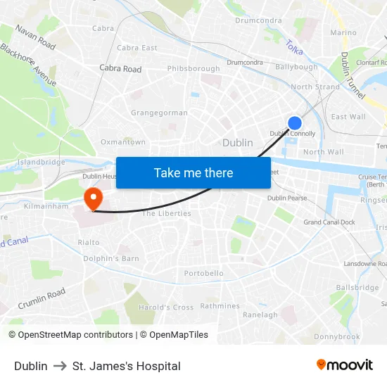 Dublin to St. James's Hospital map