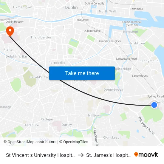 St Vincent s University Hospital to St. James's Hospital map