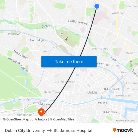 Dublin City University to St. James's Hospital map