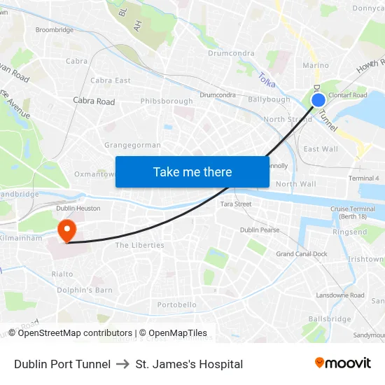 Dublin Port Tunnel to St. James's Hospital map