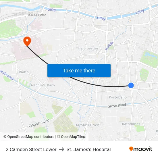 2 Camden Street Lower to St. James's Hospital map