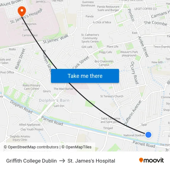 Griffith College Dublin to St. James's Hospital map