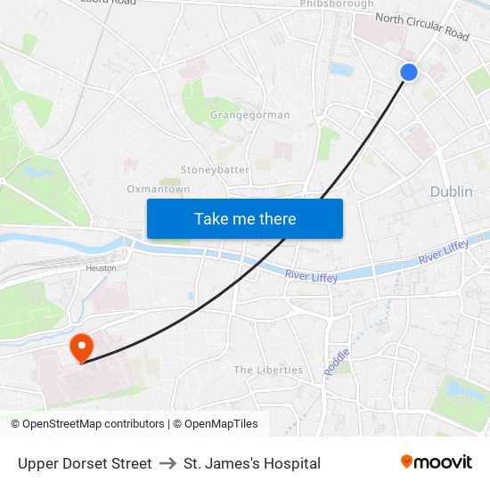 Upper Dorset Street to St. James's Hospital map