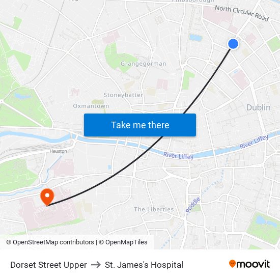 Dorset Street Upper to St. James's Hospital map