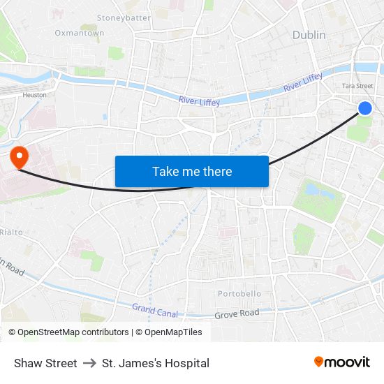 Shaw Street to St. James's Hospital map