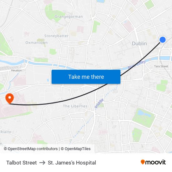 Talbot Street to St. James's Hospital map