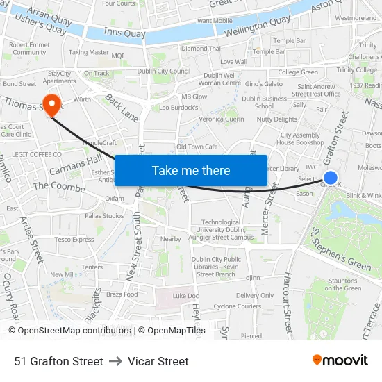 51 Grafton Street to Vicar Street map
