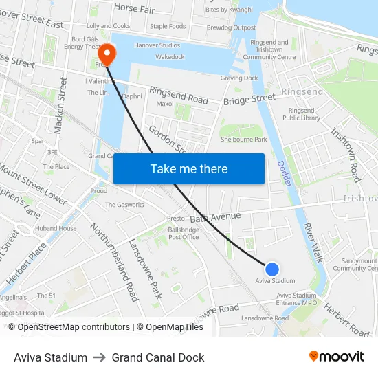 Aviva Stadium to Grand Canal Dock map