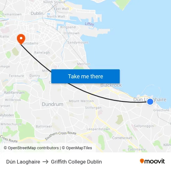 Dún Laoghaire to Griffith College Dublin map