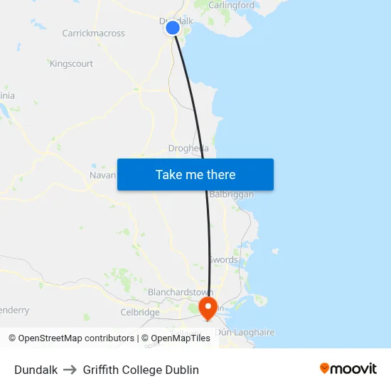 Dundalk to Griffith College Dublin map