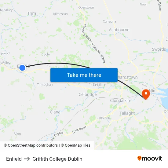 Enfield to Griffith College Dublin map