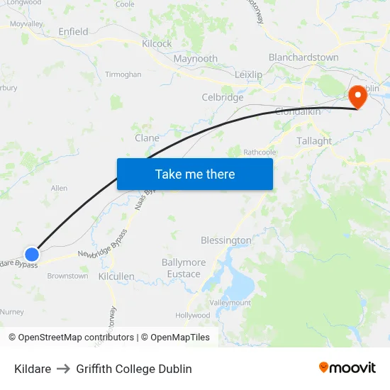 Kildare to Griffith College Dublin map