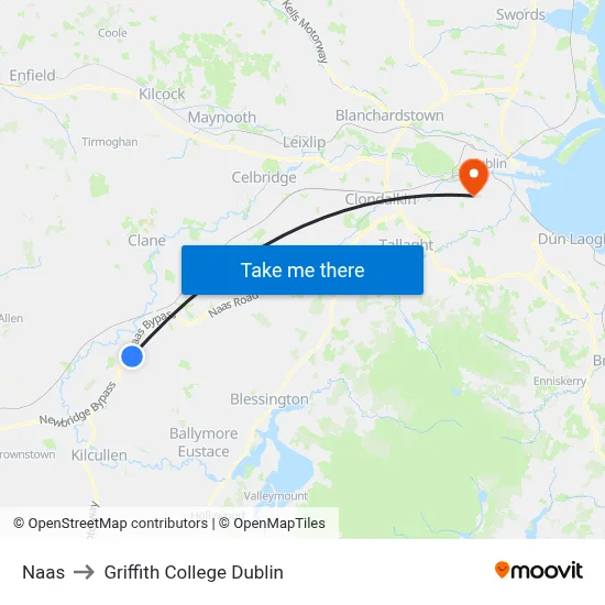 Naas to Griffith College Dublin map