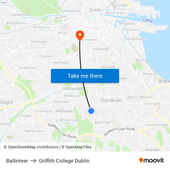 Ballinteer to Griffith College Dublin map