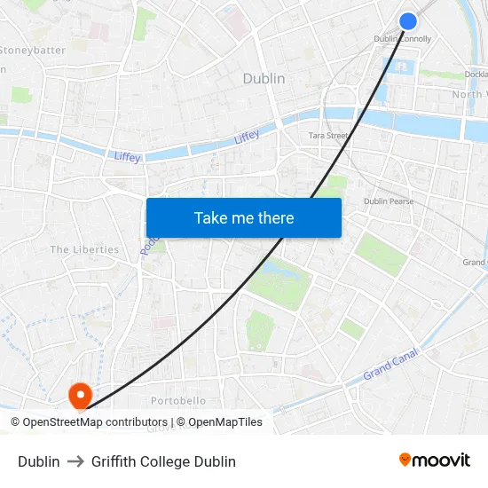 Dublin to Griffith College Dublin map