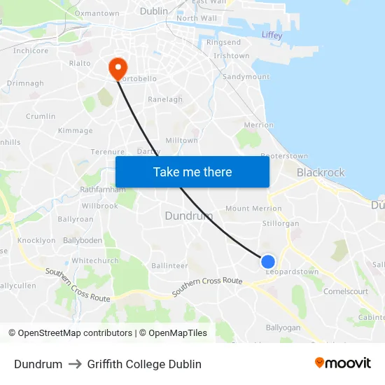 Dundrum to Griffith College Dublin map