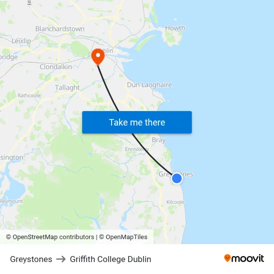 Greystones to Griffith College Dublin map