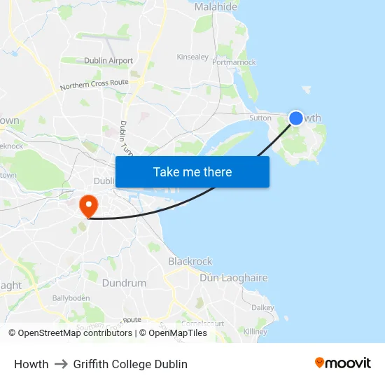 Howth to Griffith College Dublin map