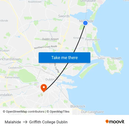 Malahide to Griffith College Dublin map
