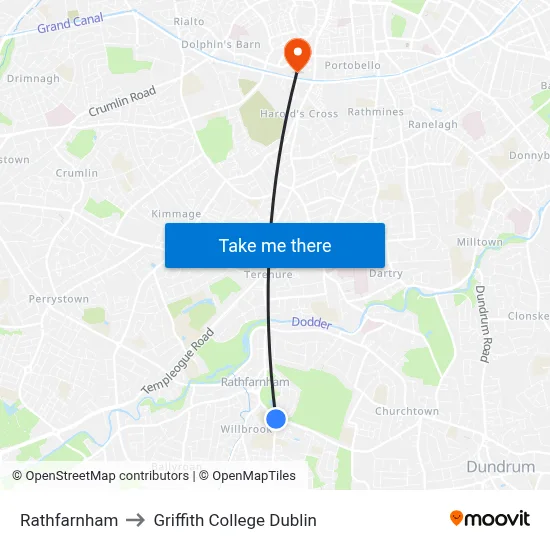 Rathfarnham to Griffith College Dublin map