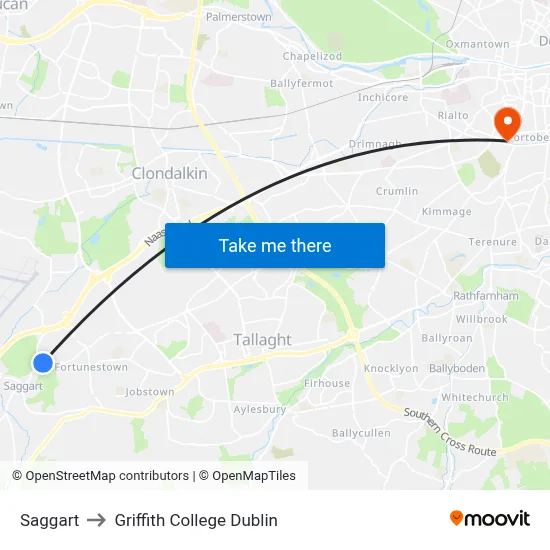 Saggart to Griffith College Dublin map
