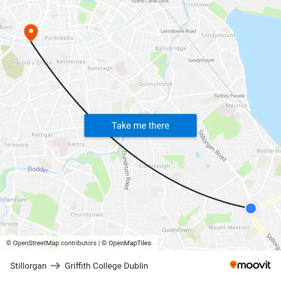Stillorgan to Griffith College Dublin map