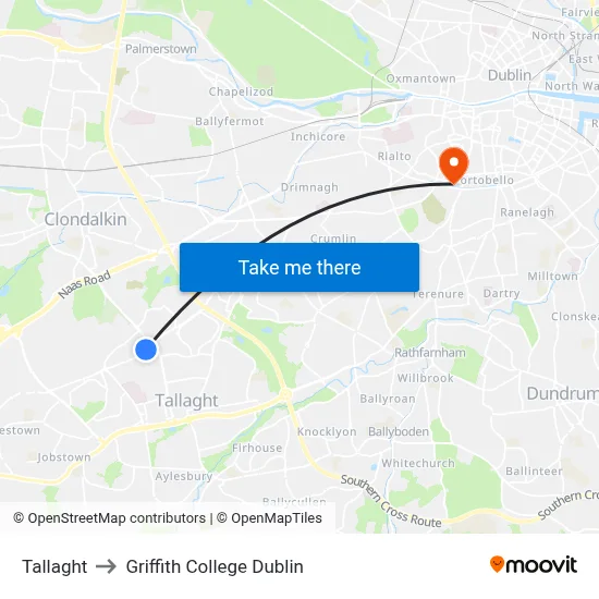 Tallaght to Griffith College Dublin map
