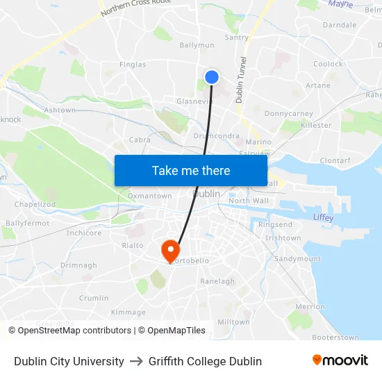 Dublin City University to Griffith College Dublin map