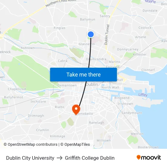 Dublin City University to Griffith College Dublin map