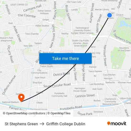 St Stephens Green to Griffith College Dublin map