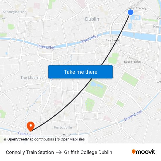 Connolly Train Station to Griffith College Dublin map