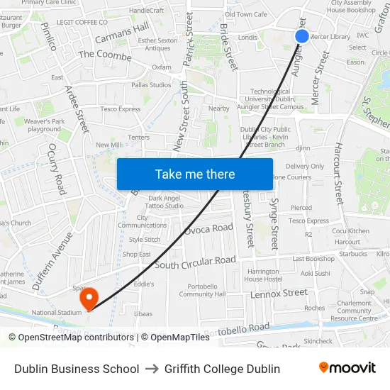 Dublin Business School to Griffith College Dublin map