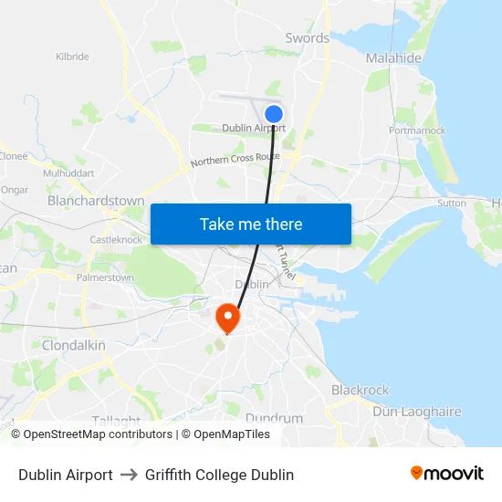 Dublin Airport to Griffith College Dublin map